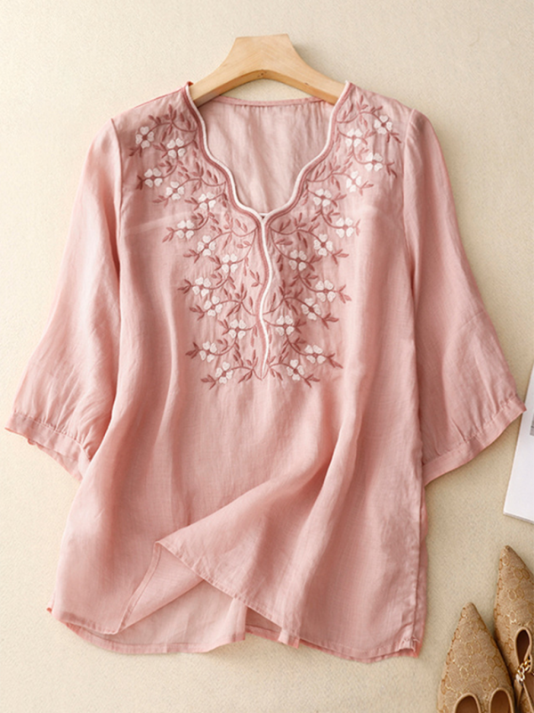 Levoire | Vintage V décolleté brodé T-shirt top Rosa