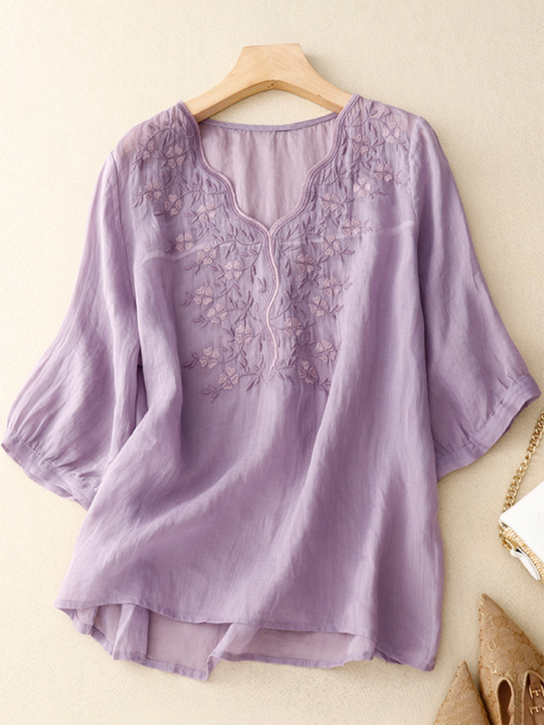 Levoire | Vintage V décolleté brodé T-shirt top Violetti