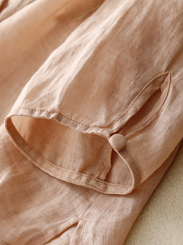 Levoire | Chemisier brodé lourd pour femmes avec encolure ronde et fente étroite chemise en lin rétro