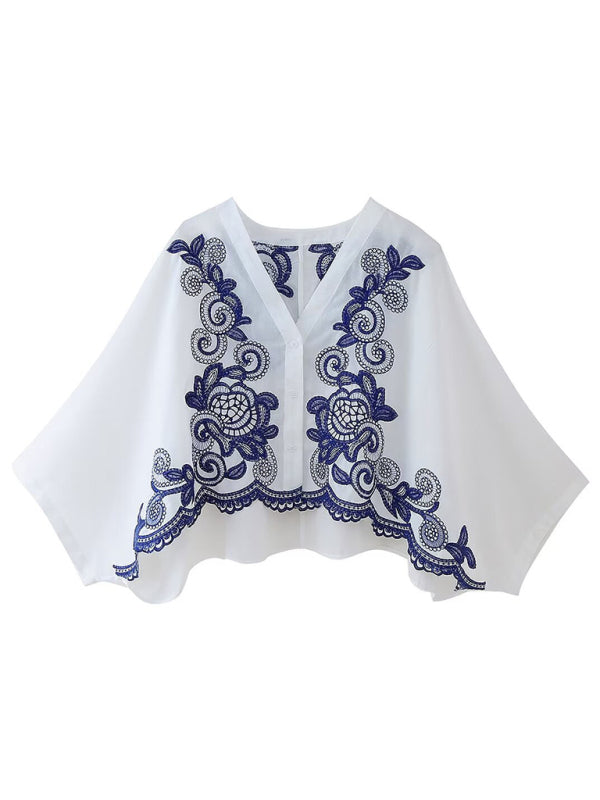 Levoire | Femme V-cou brodé avec manches contrastées Blanc