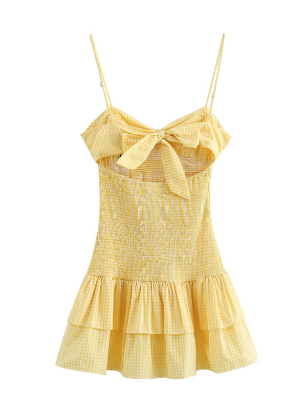 Levoire | Nouvelle Femme à Carreaux V-Décolleté Robe Courte Jaune