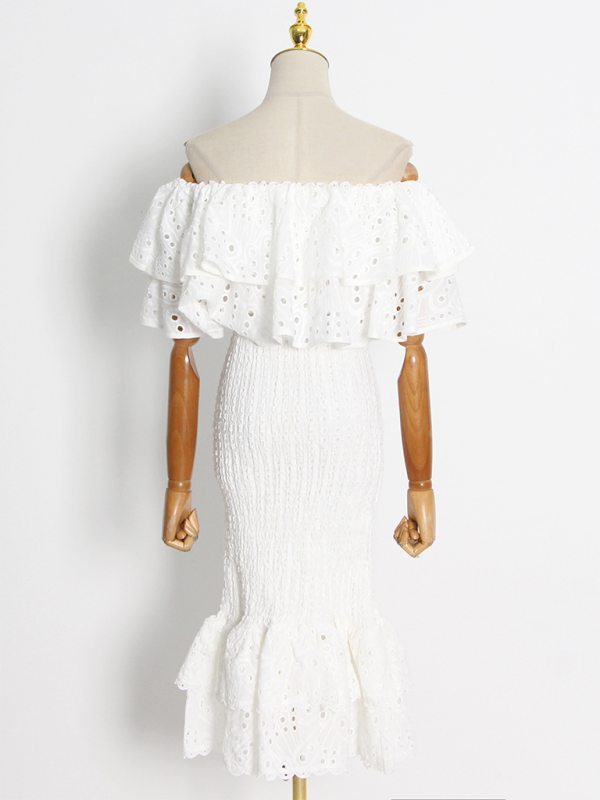 Levoire | Nouveau style de tenue de plage rencontre blouse volang irrégulière + jupe à ourlet fish-tail taille haute set Blanc