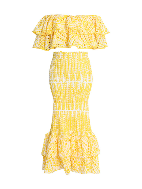 Levoire | Nouveau style de tenue de plage rencontre blouse volang irrégulière + jupe à ourlet fish-tail taille haute set Jaune