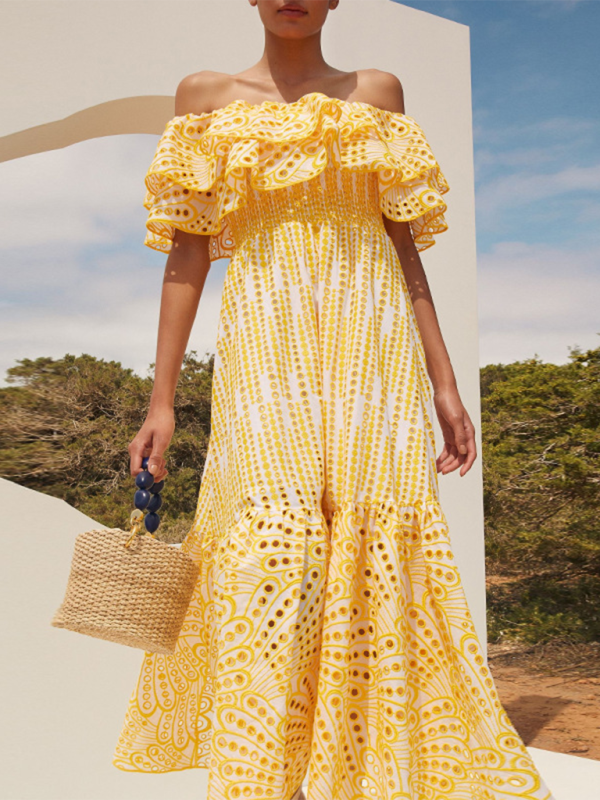 Levoire | Nouvelle robe longue pour femmes brodée en tissu de lotus réversible Jaune