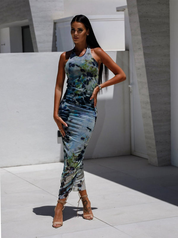 Levoire | Femmes Paradis de vacances Élégant Robe longue à col halter imprimé en forme de U