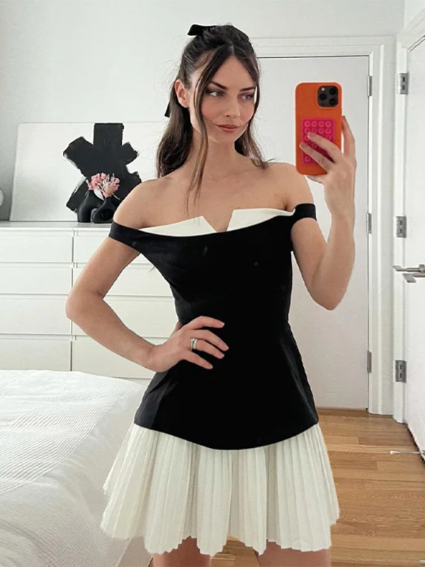 Levoire | Femme élégante sexy sans manches dégradé plissé sans bretelles robe courte Musta