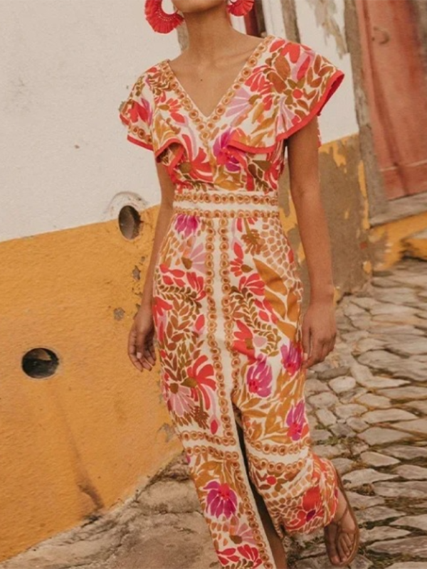 Levoire | Nouvelle robe à volants à col en V avec dos dénudé motif