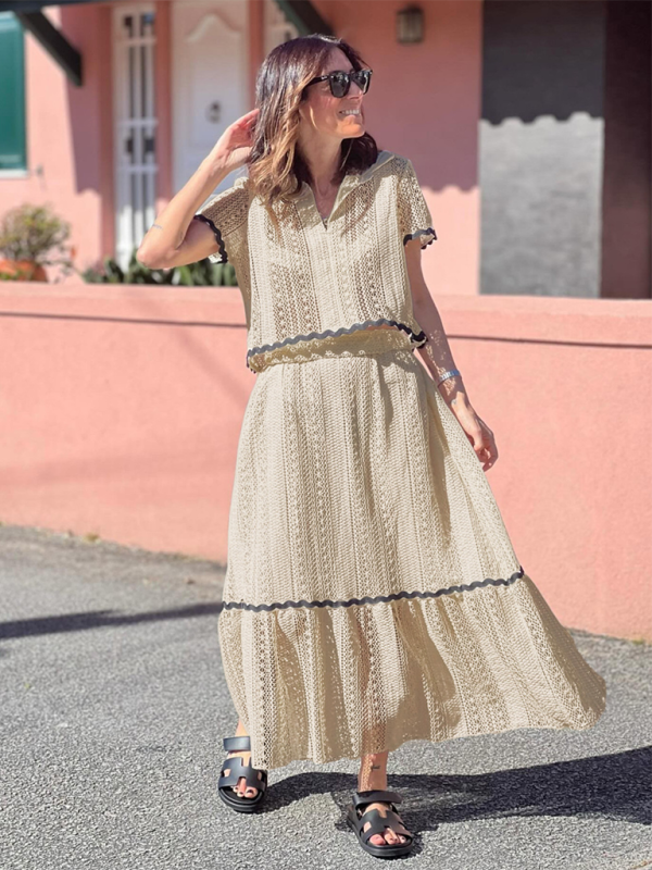 Levoire | Nouvelle femme confortable décontractée col de chemise dentelle longue jupe robe Cracker kaki