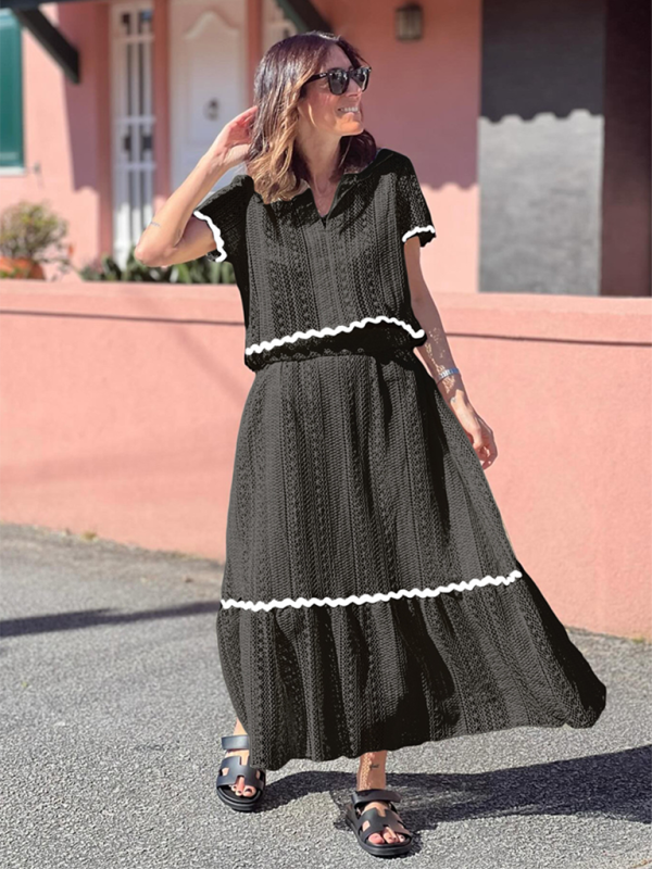 Levoire | Nouvelle femme confortable décontractée col de chemise dentelle longue jupe robe Musta