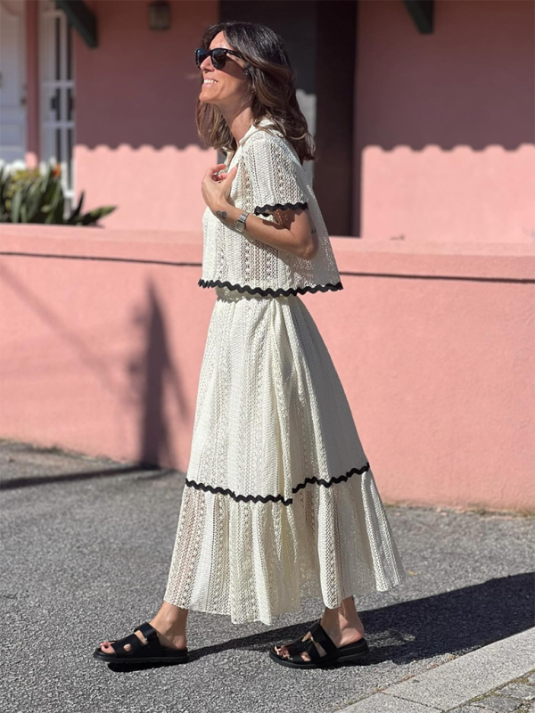 Levoire | Nouvelle femme confortable décontractée col de chemise dentelle longue jupe robe