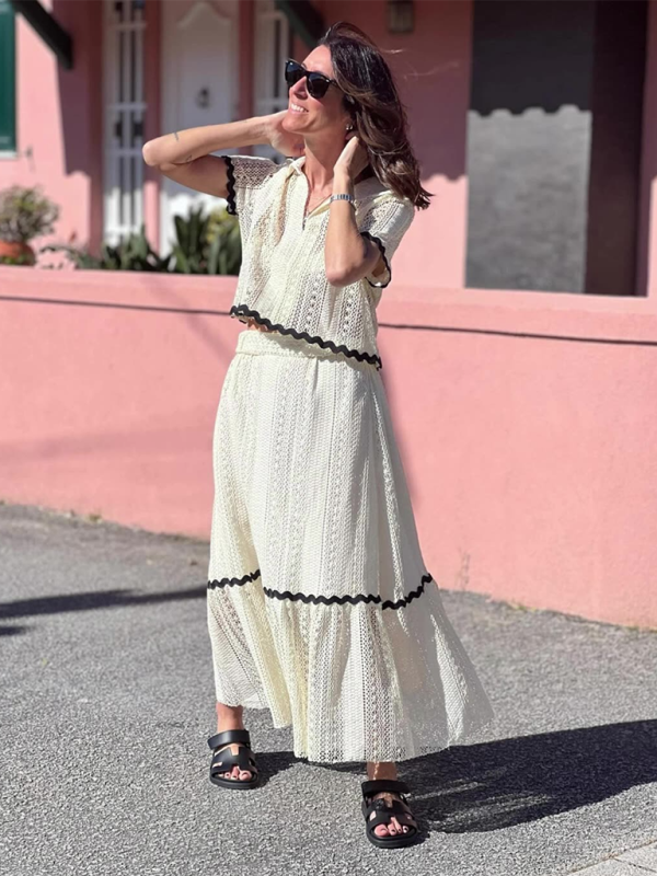 Levoire | Nouvelle femme confortable décontractée col de chemise dentelle longue jupe robe