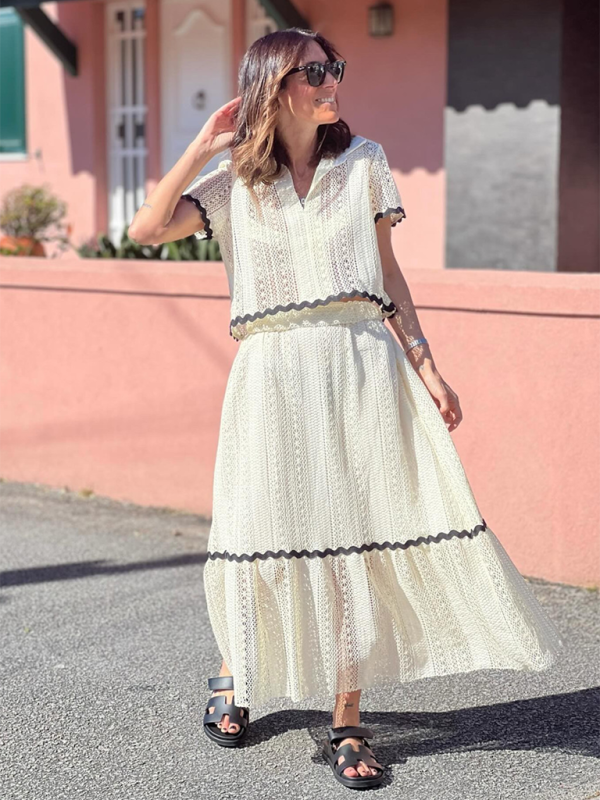 Levoire | Nouvelle femme confortable décontractée col de chemise dentelle longue jupe robe Blanc