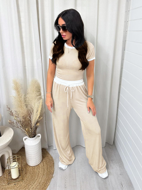 Levoire | Femmes Col rond Couleur contrastée Manches courtes Mode Vêtements Pantalons fendus Tenue de sport