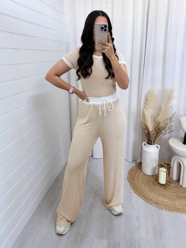 Levoire | Femmes Col rond Couleur contrastée Manches courtes Mode Vêtements Pantalons fendus Tenue de sport