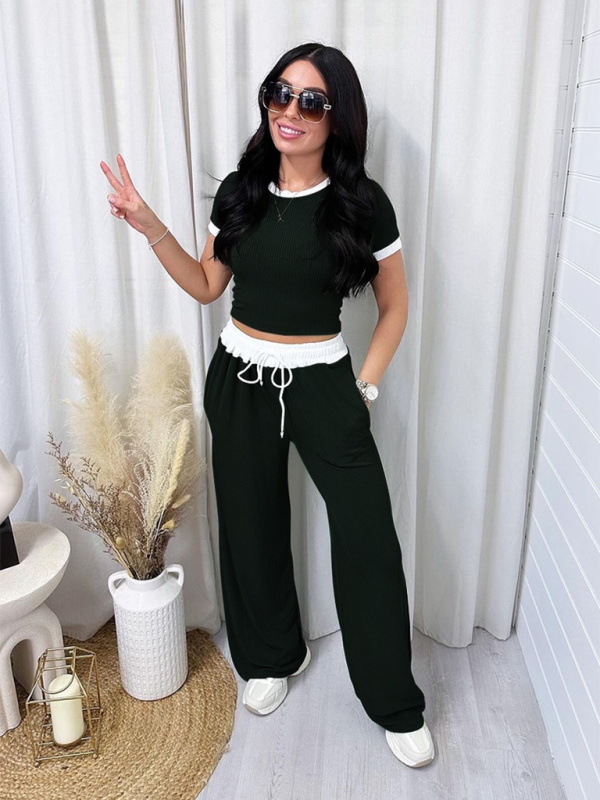 Levoire | Femmes Col rond Couleur contrastée Manches courtes Mode Vêtements Pantalons fendus Tenue de sport