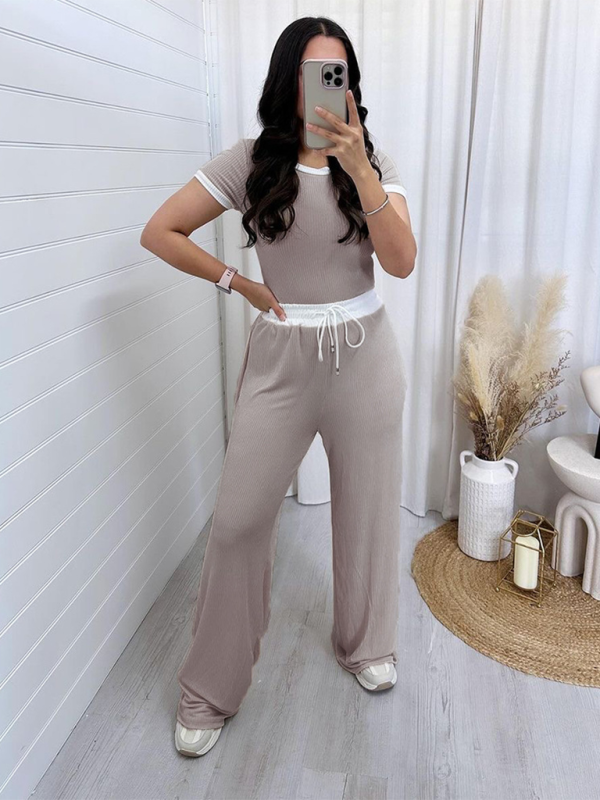 Levoire | Femmes Col rond Couleur contrastée Manches courtes Mode Vêtements Pantalons fendus Tenue de sport