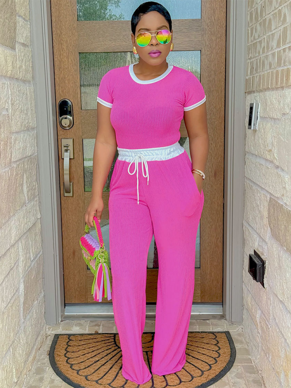 Levoire | Femmes Col rond Couleur contrastée Manches courtes Mode Vêtements Pantalons fendus Tenue de sport