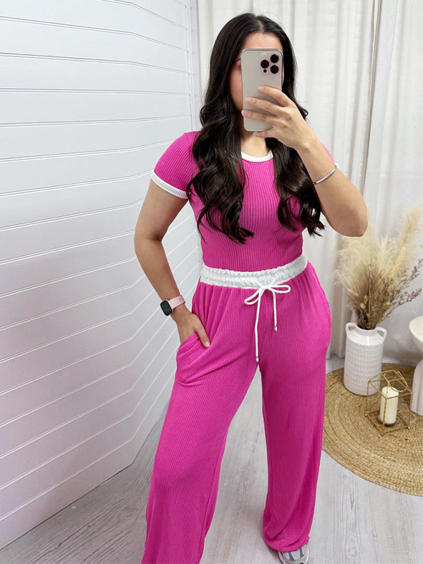 Levoire | Femmes Col rond Couleur contrastée Manches courtes Mode Vêtements Pantalons fendus Tenue de sport Rosa