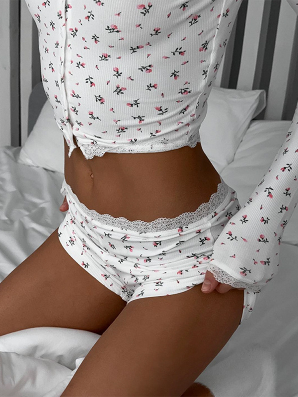 Levoire | Haut à capuchon floral loose et short Ensemble deux pièces Blanc