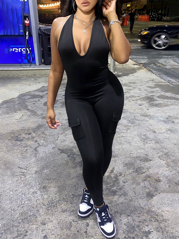 Levoire | Nouveau femme sexy dos nu collier chaîne V décolleté avec poches taille haute combinaison de sport