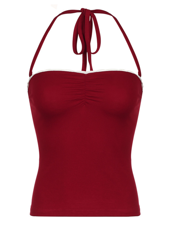 Levoire | Uringning couture aiguë couture petite plis halterneck bandeau rouge haut gilet