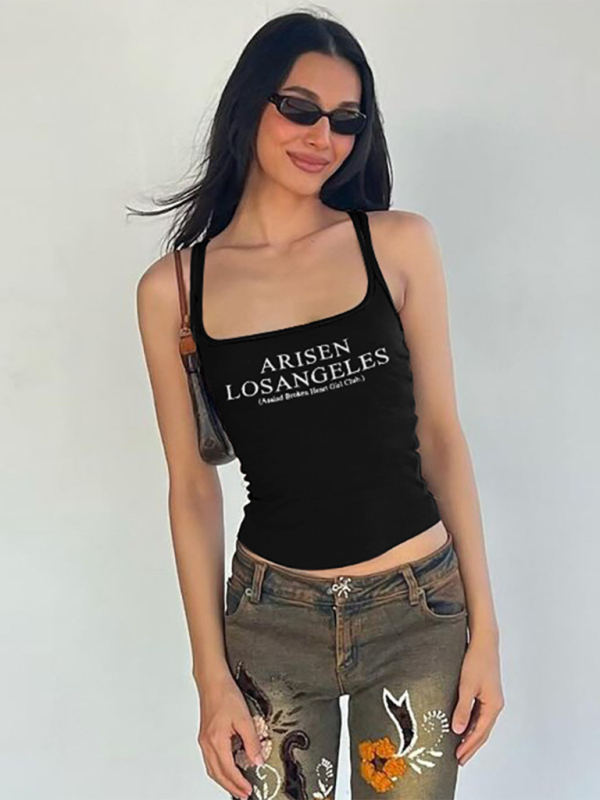 Levoire | Pour les femmes nouveau style impression de lettre U en col dégagé sans manches slim-fit sous-vêtement haut Musta