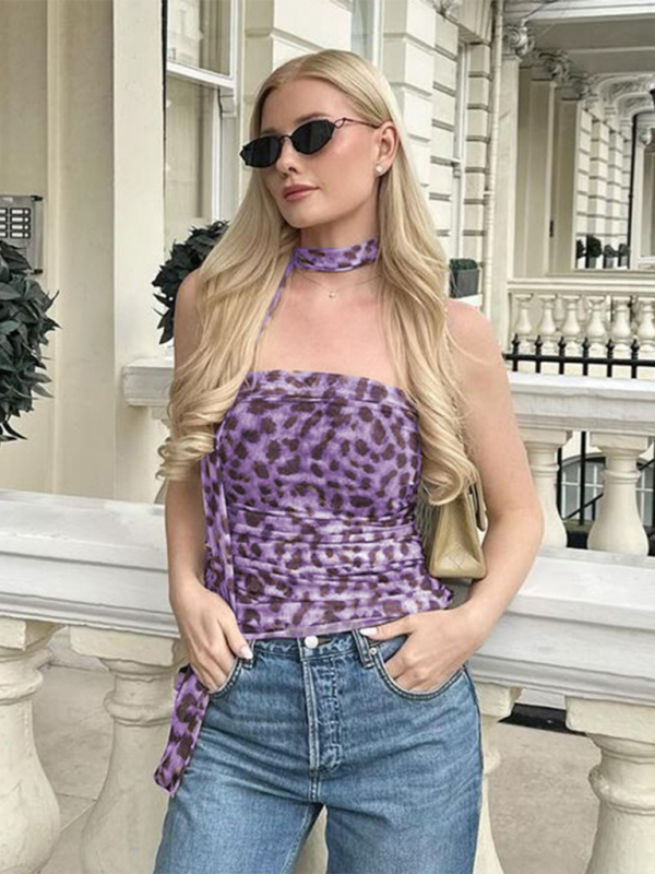 Levoire | Nouveau motif léopard Hei Fille Chaude Hauts à col rond en tube Ajustement mince Top Violetti