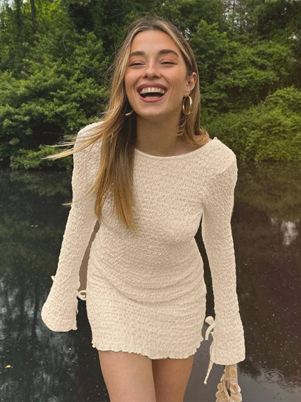 Levoire | Nouvelle mode simple col rond à manches longues pour fille sexy grand dos ajusté robe de hanche