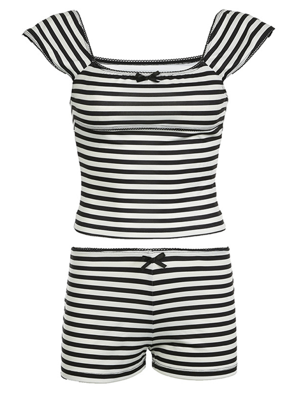 Levoire | Robe décontractée rayée pour femmes avec décolleté carré, haut à manches volantes et short, ensemble deux pièces