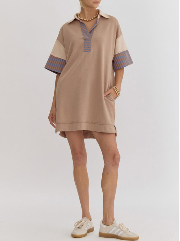 Levoire | Coton Rayé Unicolore Polo Revers T-shirt Décontracté Jupe Courte