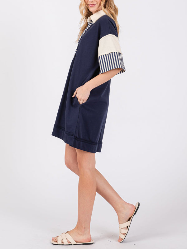 Levoire | Coton Rayé Unicolore Polo Revers T-shirt Décontracté Jupe Courte