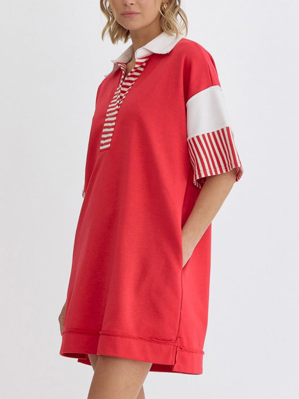 Levoire | Coton Rayé Unicolore Polo Revers T-shirt Décontracté Jupe Courte