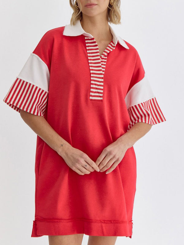 Levoire | Coton Rayé Unicolore Polo Revers T-shirt Décontracté Jupe Courte Rot