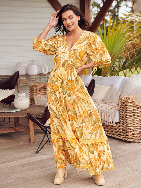 Levoire | Bohemei Imprimé Sexy V-Décolleté Avec Fermeture À Boutons Robe Jaune
