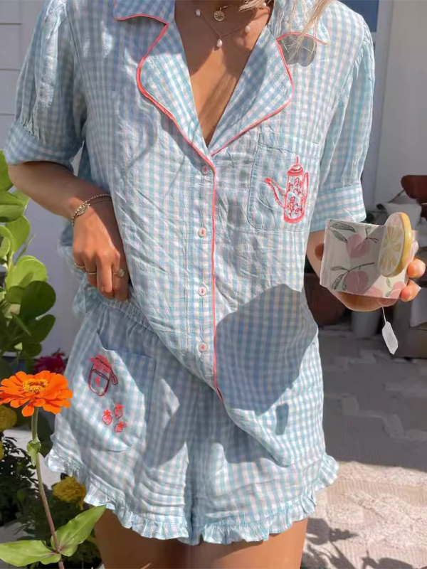 Levoire | Robe de nuit brodée à carreaux simples préférée Bleu