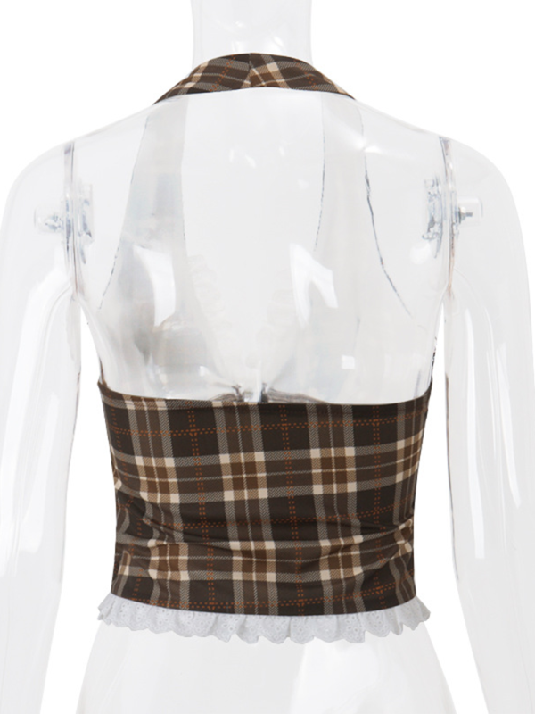 Levoire | Nouvelle Mode Sexy Française Mignonne Rétro Carreaux Top Halter