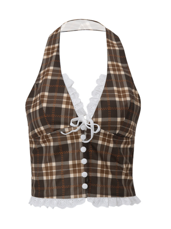 Levoire | Nouvelle Mode Sexy Française Mignonne Rétro Carreaux Top Halter