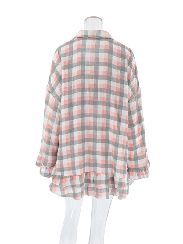 Levoire | Robe de fête à carreaux trois pièces avec une chemise à manches longues en pain de seigle tendance et un short tube pour vêtements d'intérieur