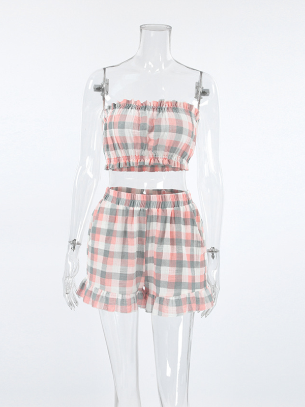 Levoire | Robe de fête à carreaux trois pièces avec une chemise à manches longues en pain de seigle tendance et un short tube pour vêtements d'intérieur