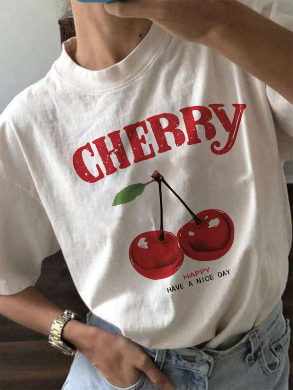 Levoire | Surdimensionné t-shirt blanc simple décontracté à manches courtes motif cerise polyvalent Blanc
