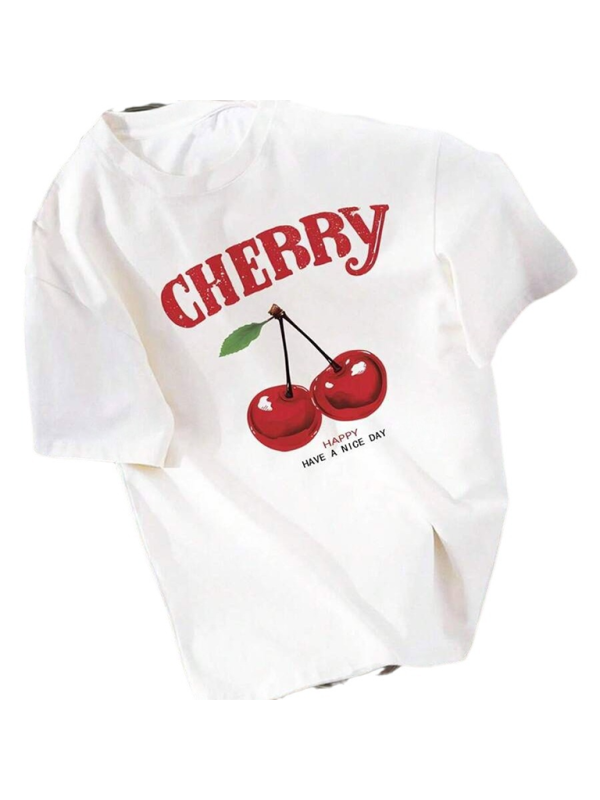 Levoire | Surdimensionné t-shirt blanc simple décontracté à manches courtes motif cerise polyvalent