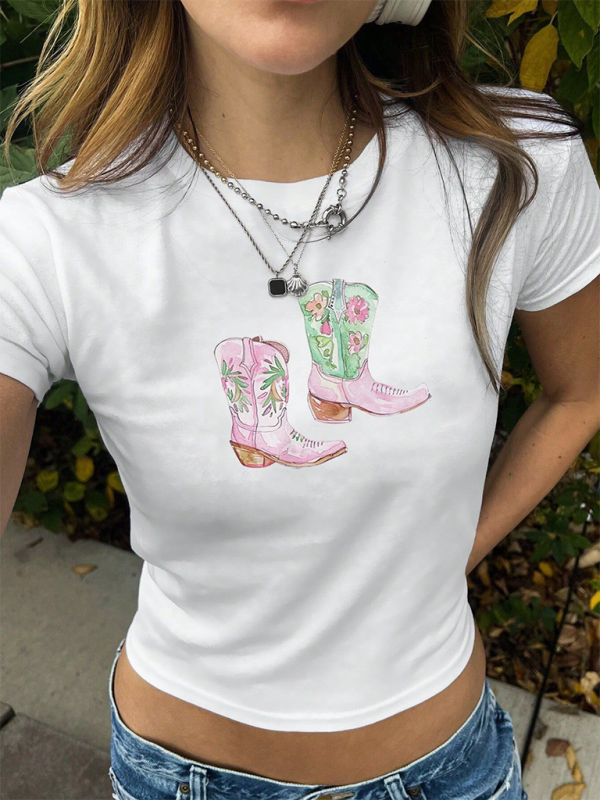 Levoire | Y2K Bottes Impression Courte Mode Chaud Filles T-shirt
