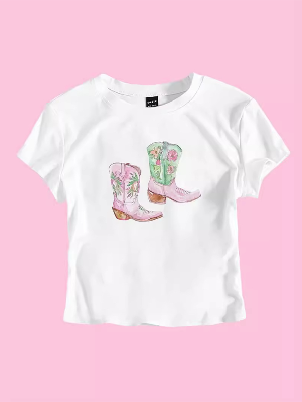 Levoire | Y2K Bottes Impression Courte Mode Chaud Filles T-shirt
