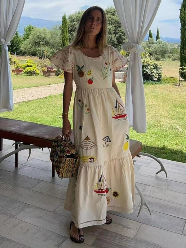 Levoire | Nouvelle robe longue à imprimé mode à col rond à manches courtes