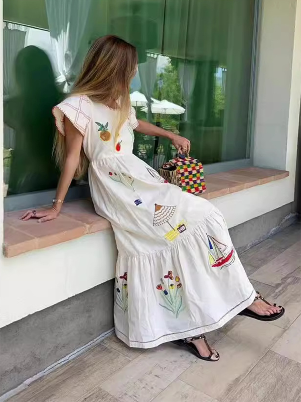 Levoire | Nouvelle robe longue à imprimé mode à col rond à manches courtes Blanc