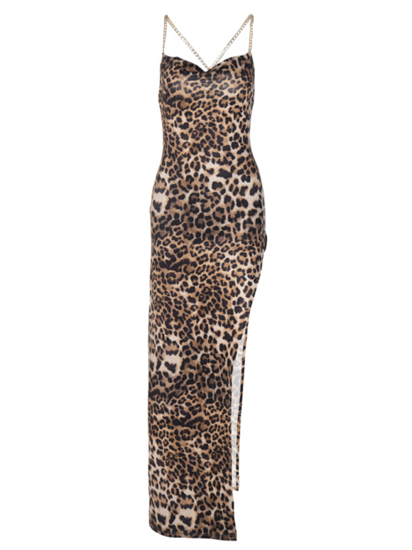 Levoire | Nouvelle Mode Léopard Motif Mince Dos Jeans Chaîne Ceinture Robe Midi Lion