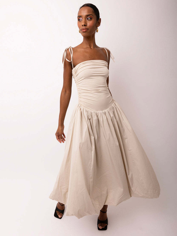 Levoire | Nouvelle robe sans manches à dos ouvert à encolure halter froncée en patchwork avec poches Rohvit kerma blanc