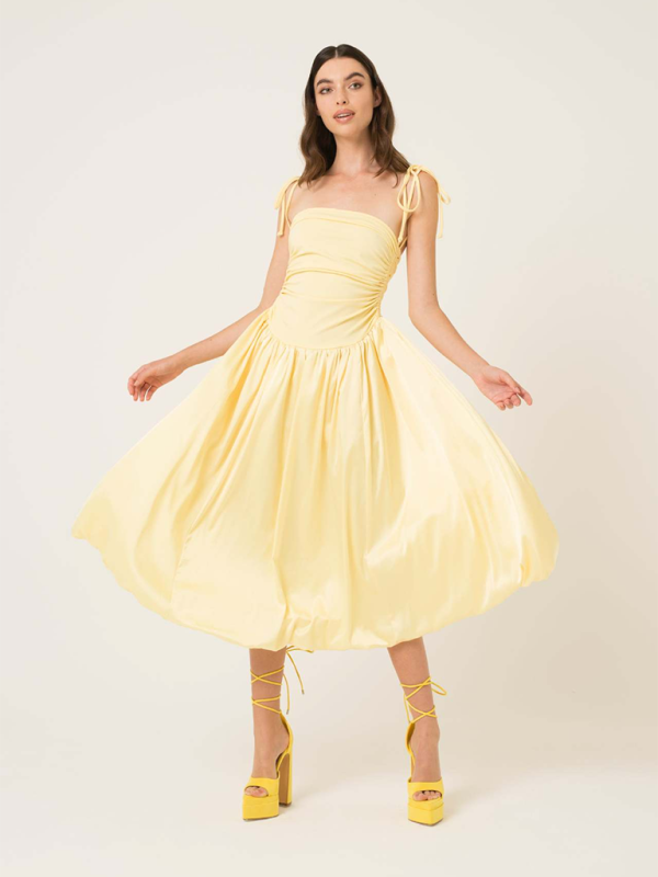 Levoire | Nouvelle robe sans manches à dos ouvert à encolure halter froncée en patchwork avec poches Jaune