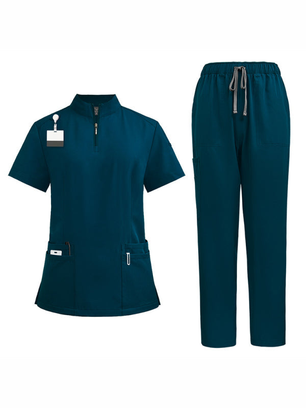 Levoire | Col montant zip médecin infirmière vêtements de travail blouse d'opération blouse de nettoyage blouse de salle d'opération pantalon droit uni Cobalt bleu