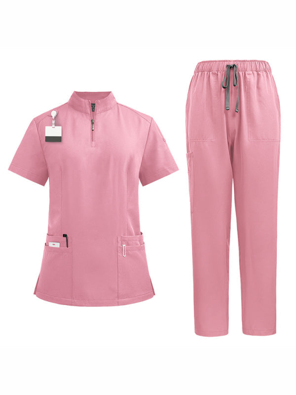 Levoire | Col montant zip médecin infirmière vêtements de travail blouse d'opération blouse de nettoyage blouse de salle d'opération pantalon droit uni Rosa